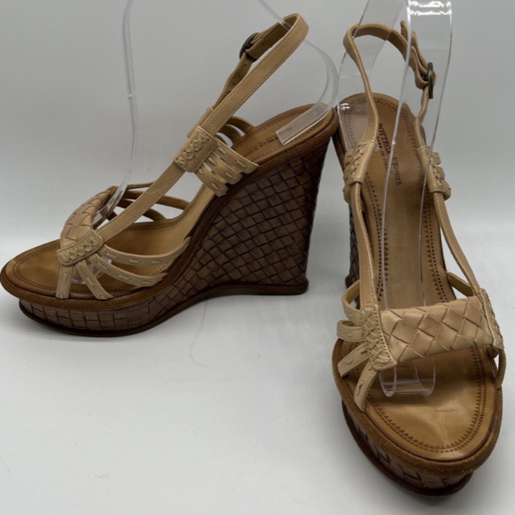 Bottega Veneta Nude Brown Intrecciato Leather Woven Platform Wedge Sandal Sz 39